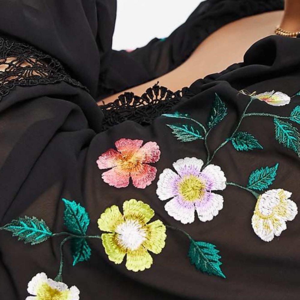 ASOS Design Curve Embroidered Lace with Insert Pleated Black Dress Size 26US
